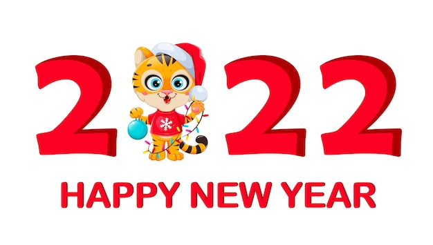 Feliz Navidad. Tigre de personaje de dibujos animados lindo con sombrero de Santa de pie en gran número 2022. Ilustración vectorial de stock