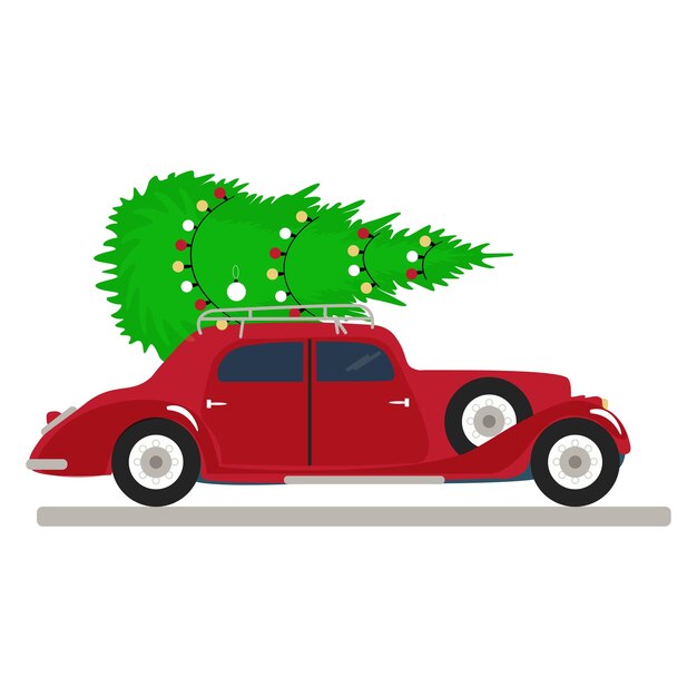 Feliz Navidad tipografía estilizada Coche rojo vintage con árbol de Navidad Fuegos artificiales brillantes en el fondo Inspiración Feliz Navidad Banner de estilo plano vectorial