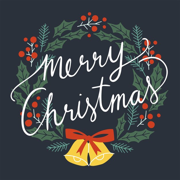 Feliz Navidad tipográfico en corona de Navidad.