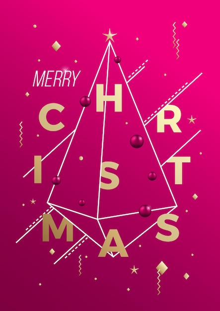 Feliz navidad vector abstracto geometría minimalista póster tarjeta de felicitación o fondo colores rosa y dorado tipografía moderna triángulo de estilo suizo árbol de navidad