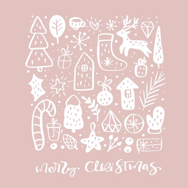 Feliz Navidad vector letras caligráficas texto y elementos escandinavos del doodle de Navidad. Tarjeta de felicitación.