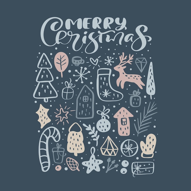 Feliz Navidad vector texto de letras caligráficas y elementos escandinavos de doodle de Navidad sobre fondo oscuro