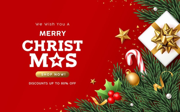Feliz Navidad venta caja de regalo blanca con hojas de pino bastón de santas y banner de cintas doradas