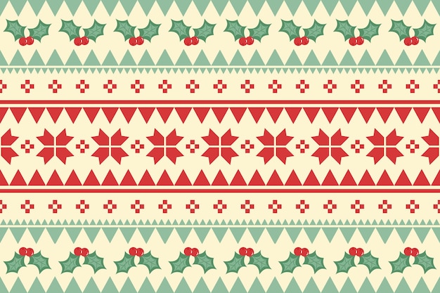 Feliz Navidad vintage étnico de patrones sin fisuras decorado con flores rojas y cereza de acebo. diseño de fondo, papel tapiz, tela, alfombra, banner web, papel de regalo. estilo de bordado. vector.