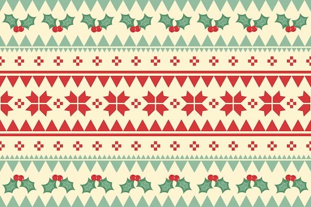 Feliz Navidad vintage étnico de patrones sin fisuras decorado con flores rojas y cereza de acebo. diseño de fondo, papel tapiz, tela, alfombra, banner web, papel de regalo. estilo de bordado. vector.