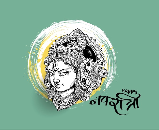 Feliz navratri, ilustración vectorial basada en un hermoso fondo con la cara de maa durga y kalash.