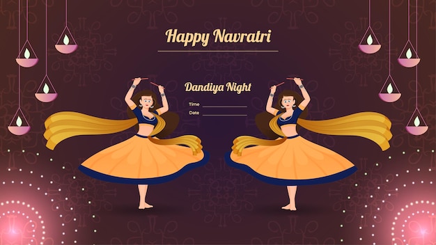 Feliz Navratri Personaje de mujer vestido tradicionalmente en el vector de pancarta de la noche de dandiya