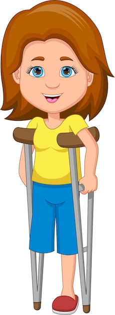 Vector feliz niña bastante discapacitada usando muletas