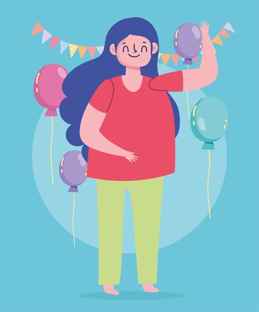 Vector feliz niña de dibujos animados celebración fiesta globos banderines