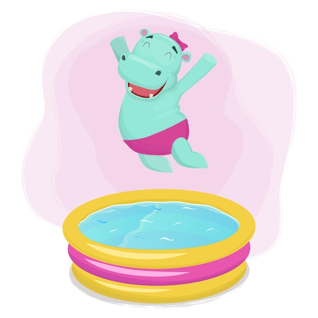 Vector feliz niña hipopótamo saltando a la piscina de agua