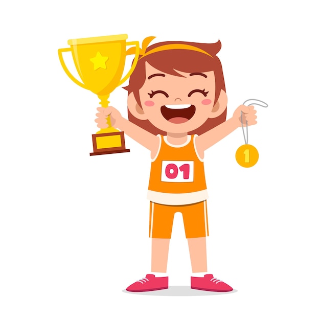 Feliz niña linda con medalla de oro y trofeo ilustración