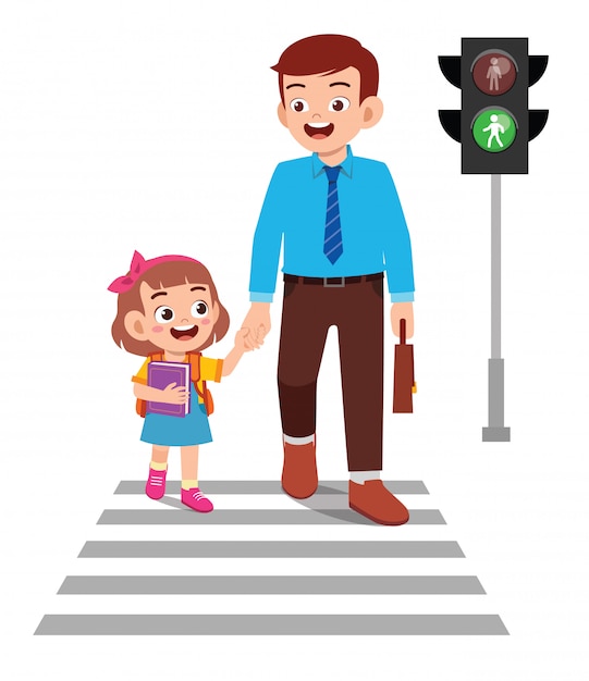 Feliz niña linda niña cruza la calle con el padre