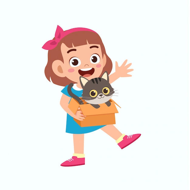 Feliz niña linda niña juega con gato mascota