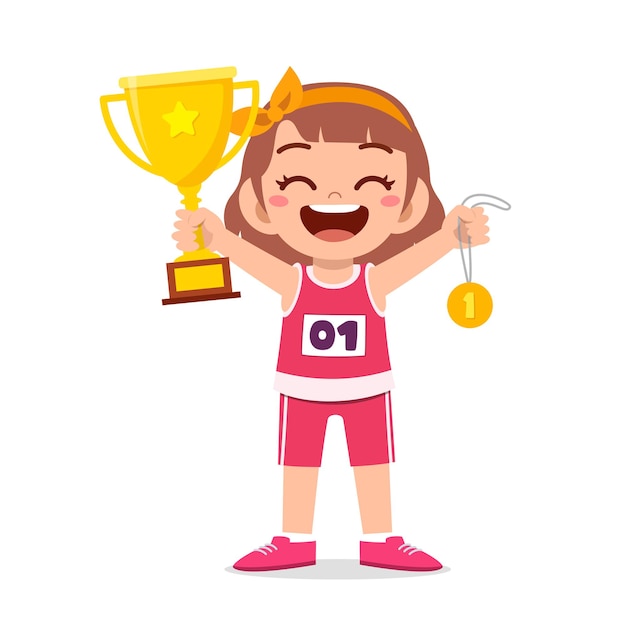 Vector feliz niña linda con trofeo y medalla de oro