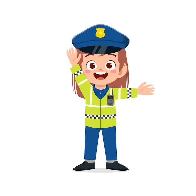 Feliz niña linda con uniforme de policía y gestionar el tráfico
