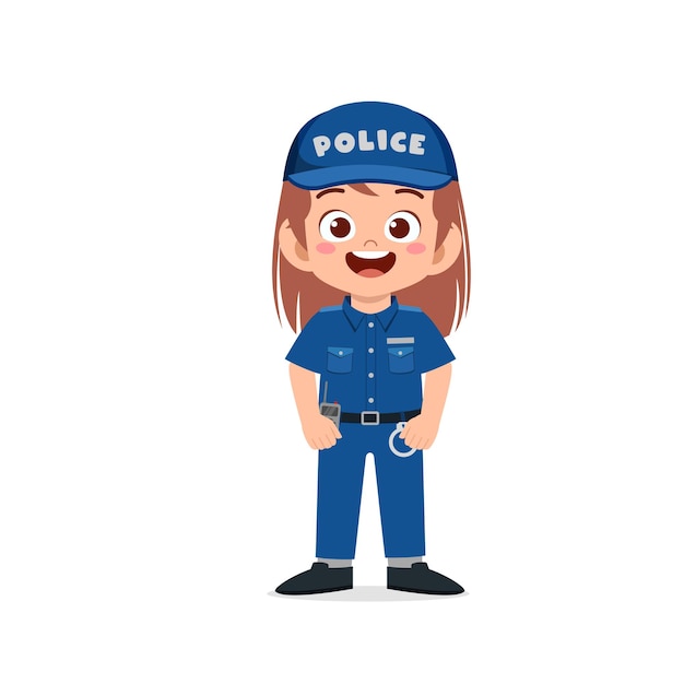 Feliz niña linda con uniforme de policía