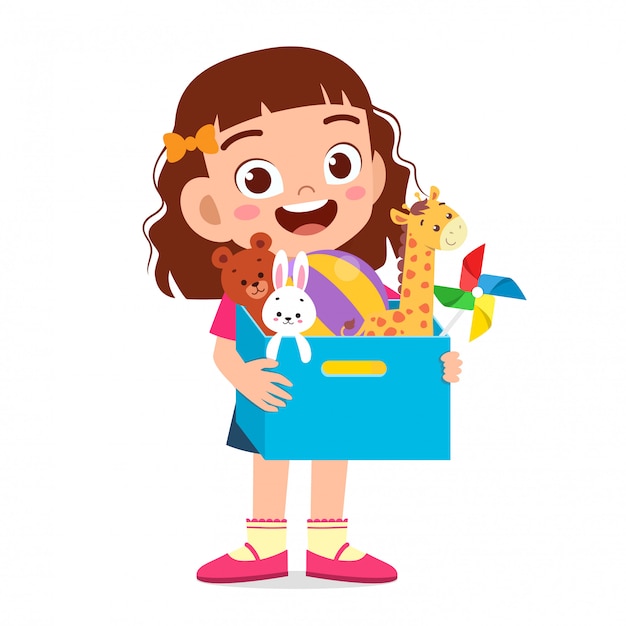 Vector feliz niña niño lindo llevar caja de juguetes