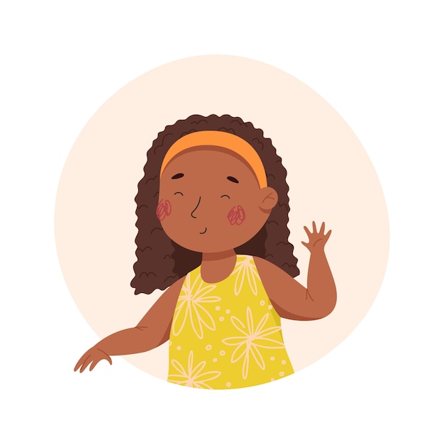 Vector feliz niña de piel negra con pelo rizado ilustración de dibujos animados vectoriales personajes divertidos para niños niño en el círculo colorido y el fondo blanco ideal para pegatinas de retratos de avatar