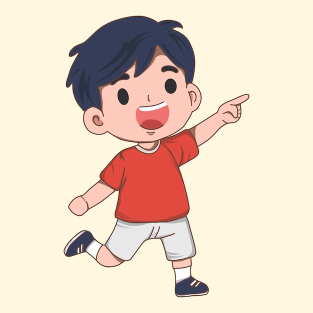 Feliz niño de dibujos animados señalando y caminando hacia adelante