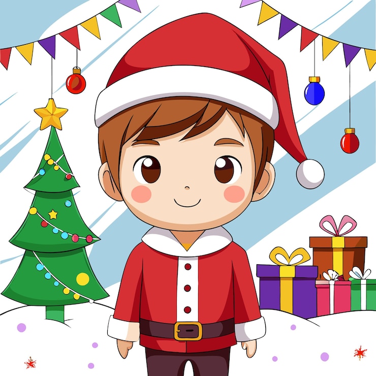 Vector feliz niño de dibujos animados vestido con el disfraz de papá noel de pie junto al árbol de navidad