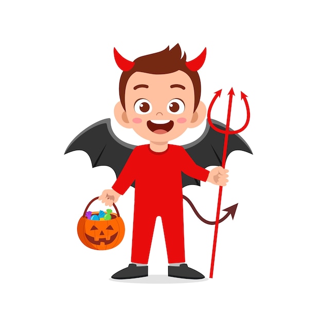 Feliz niño lindo celebrar halloween viste disfraz de monstruo diablo rojo