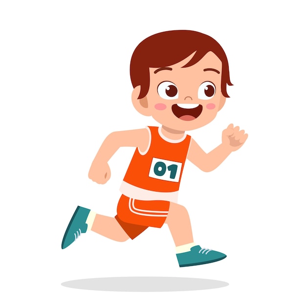 Feliz niño lindo correr en juego de maratón