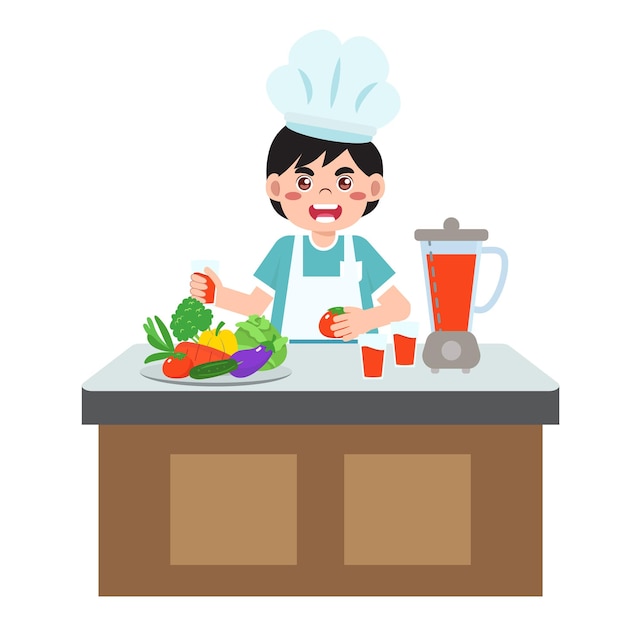 Feliz niño lindo en un disfraz de chef hacer jugo de tomate ilustración vectorial