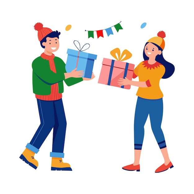 feliz niño y niña caja de regalos de Navidad