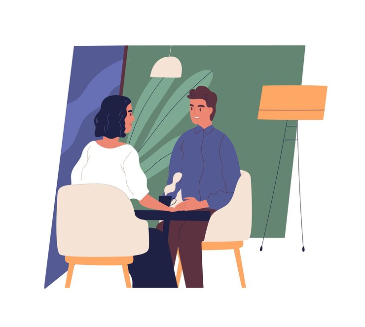 Vector feliz niño y niña sonrientes sentados en la mesa del café y hablando o charlando. lindo joven y mujer en cita romántica o reunión amistosa. escena de la vida cotidiana. ilustración de vector de dibujos animados plana moderna.