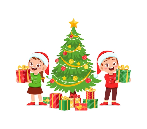 Feliz niño y niña sosteniendo presente para navidad