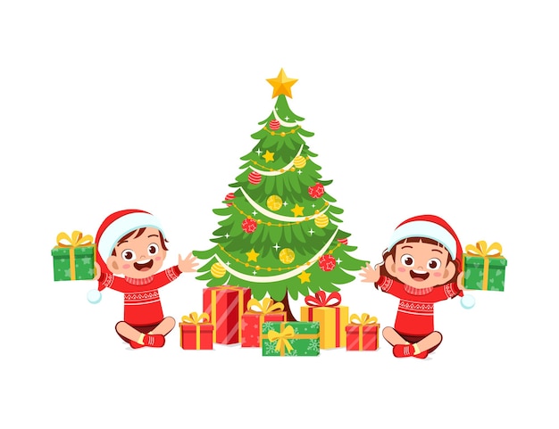 Feliz niño y niña sosteniendo presente para navidad