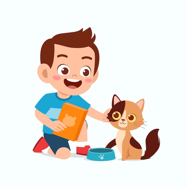 Feliz niño pequeño niño lindo jugar con gato mascota