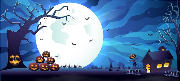 Feliz noche espeluznante de halloween banner o invitación de fiesta sobre fondo azul negro