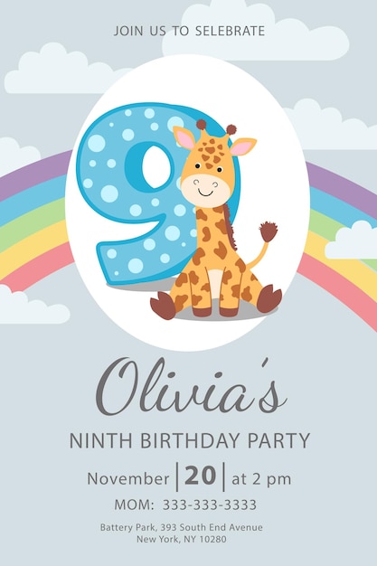 Feliz noveno cumpleaños con vector de tarjeta de invitación de niña jirafa