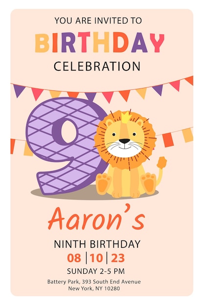 Feliz noveno cumpleaños con vector de tarjeta de invitación de niño león