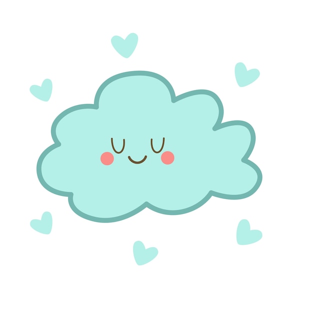 Feliz nube azul en estilo de dibujos animados kawaii con elementos de corazón