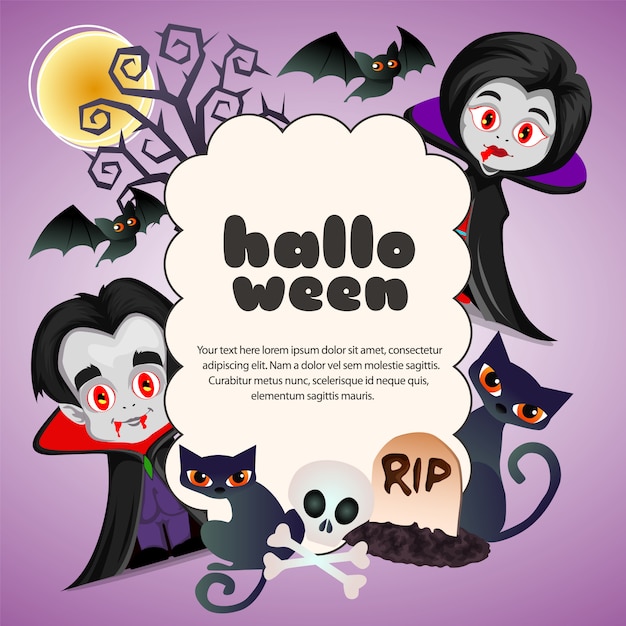 Feliz nube de texto de halloween con dracula pareja