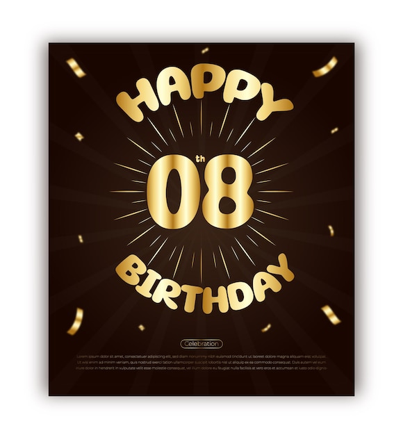 Vector feliz octavo cumpleaños diseño de plantilla de aniversario con letras de color dorado y confeti