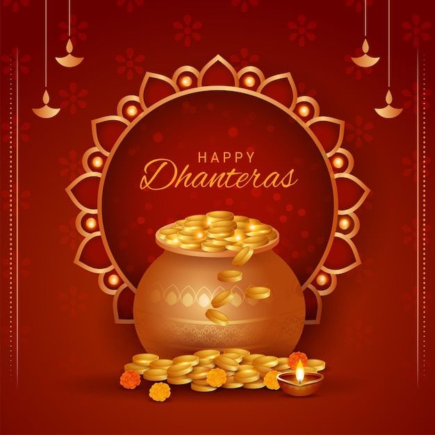 Feliz olla de celebración de Dhanteras Diwali con monedas de oro y accesorios decorativos en el fondo del festival