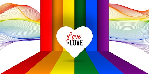 Vector feliz orgullo amor es ilustración de banner de amor con corazón blanco en el escenario del arco iris