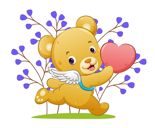 El feliz oso cupido con alas sostiene el amor y corre en el parque de la ilustración.