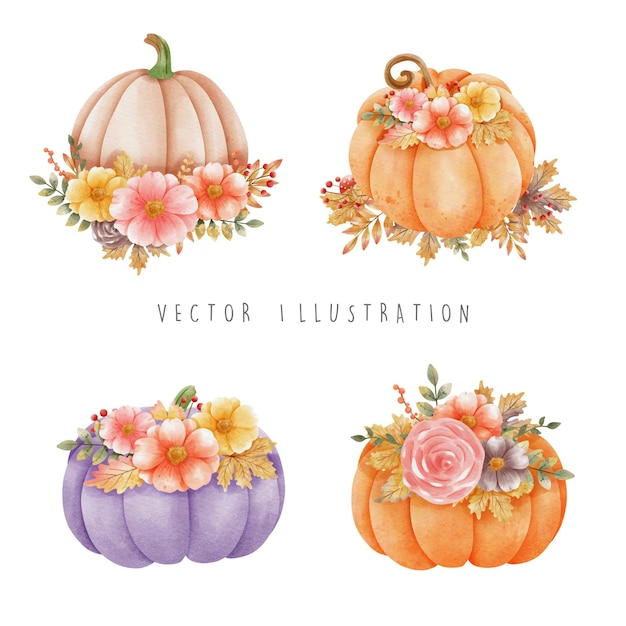 Feliz otoño con calabaza y hojas de otoño y flores ilustración vectorial