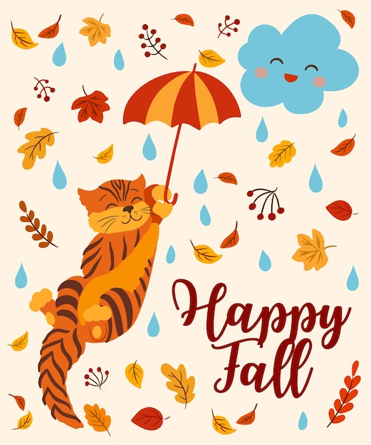 Feliz otoño hojas cayendo y lindo gato divertido con paraguas vector banner