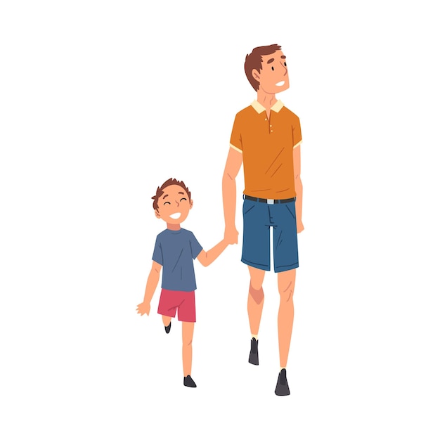 Feliz padre y hijo sonrientes caminando tomados de la mano joven y niño viajando juntos ilustración vectorial