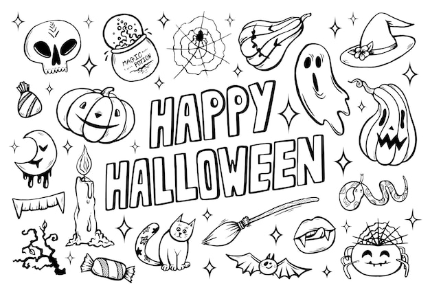 Feliz página para colorear de Halloween con objetos espeluznantes dibujados a mano y calabazas Linda hoja para colorear de Halloween ilustración vectorial