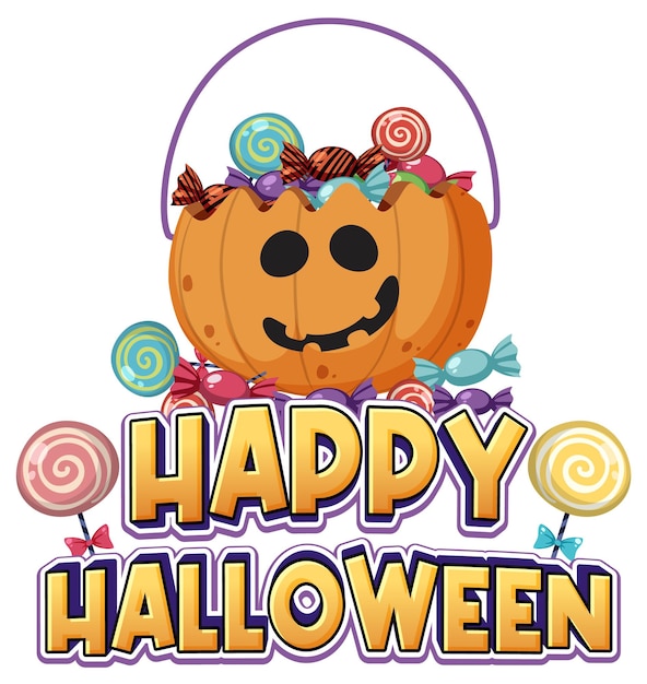 Feliz palabra de Halloween con dulces en cubo de calabaza
