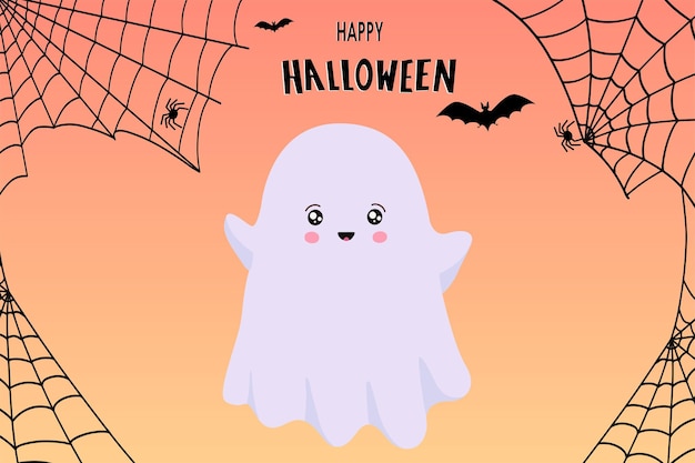 Feliz pancarta de halloween o invitación a una fiesta con fantasma volador boo, telaraña y murciélagos, ilustración vectorial