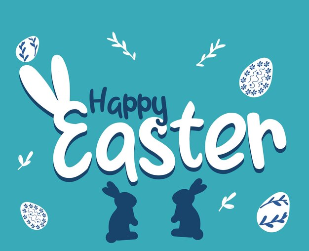 Feliz pancarta de Pascua, afiche, tarjeta de felicitación. Diseño de moda de Pascua con tipografía, conejitos, flores,