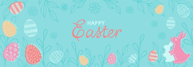Feliz pancarta de Pascua con conejo, huevos, ramitas, flores y letras en colores pastel