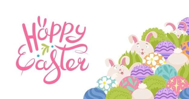 Feliz pancarta de Pascua con conejo de patrón y huevos de Pascua coloridos dibujado a mano garabateo y letras